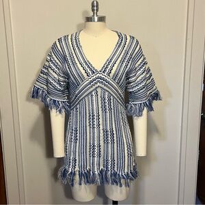 Blue and White striped Tory Burch beachy fringe Gwen Top